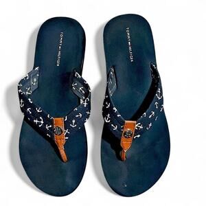 Tommy Hilfiger Women Sandals Blue Anchor Flip Flop Thong Shoes Nautical Size 10